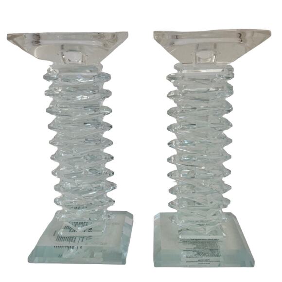None Other - Clear Crystal Glass Stacked Faceted Tall Candle Holders Pair 8 Inch Votive Heavy